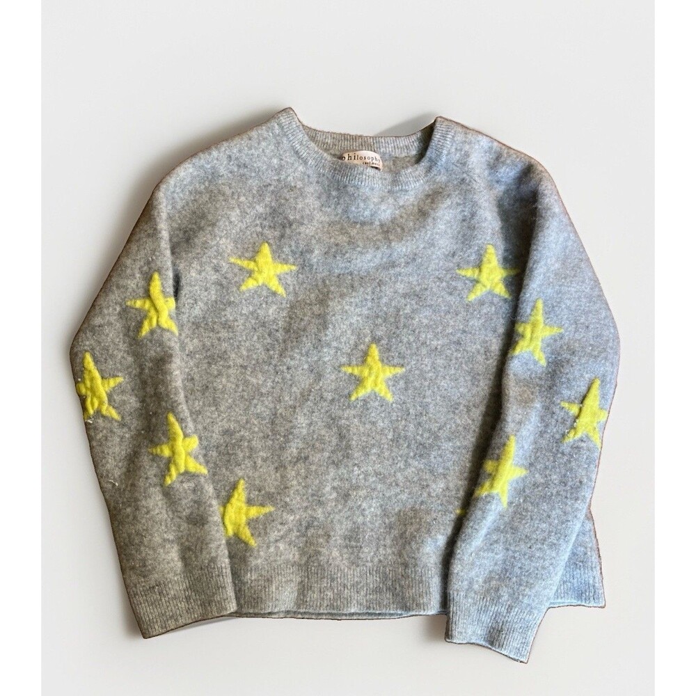 Philosophy Youth M 100% Cashmere Gray Sweatshirt Yellow Stars Intarsia